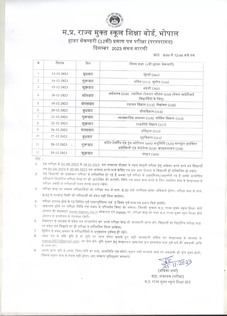 MP Open Board Time Table 2023 12th class
