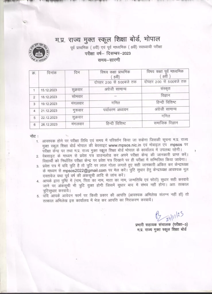 MP Open Board Time Table 2023 5th 8th class
