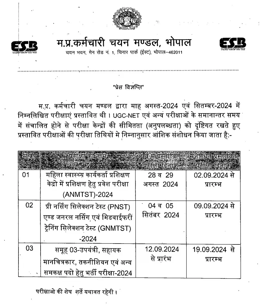 MPESB Exam Calendar 2024