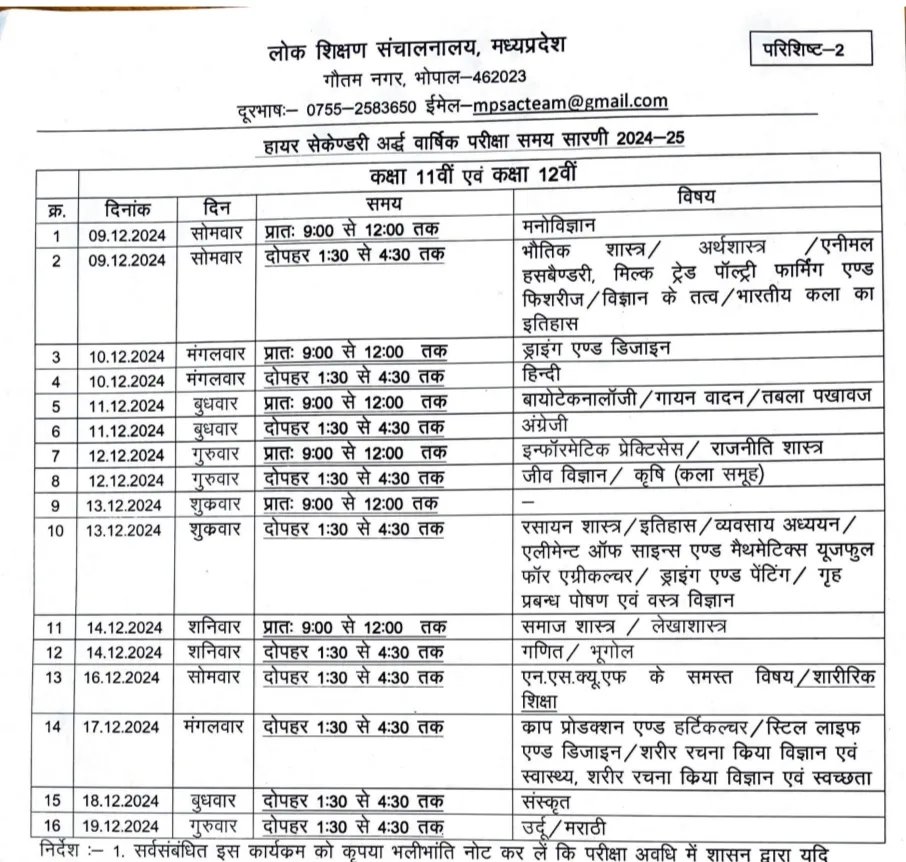 MP Board 11th & 12th Half Yearly Time Table 2024